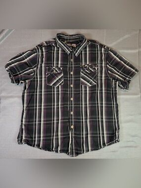 Oakland Black Label Men’s XXL Plaid Button Up Shirt Black Purple Short Sleeve